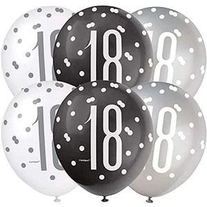 Latex ballonnen voor de 18e verjaardag - 30 cm - glitter zwart & zilver verjaardag - verpakking van 6 stuks