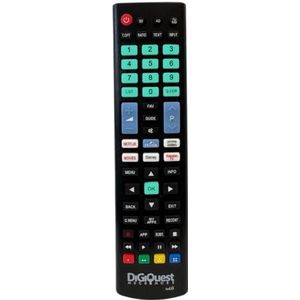 Digiquest Afstandsbediening compatibel met LG TV-modellen, fluorescerende toetsen en speciale streaming-platforms, al geconfigureerd en klaar voor gebruik