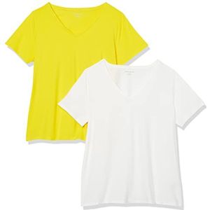 Amazon Essentials Dames Classic-Fit T-shirt met korte mouwen en V-hals, set van 2, wit/citroengeel, 6X