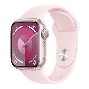 Apple Watch Series 9 (GPS 41 mm) Smartwatch - Kast van roze aluminium - Lichtroze sportbandje S/M. Conditie bijhouden, Saturatie-app en Ecg-app, Always-on Retina-display, waterbestendig