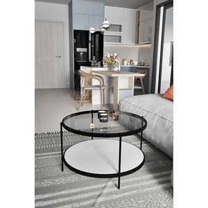 Hanah Home Stijlvolle koffietafel met getemperde glazen bovenkant en MDF-basis, 73 x 45 x 73 cm, duurzaam metalen frame, elegant transparant en wit design, perfect voor moderne woonruimtes