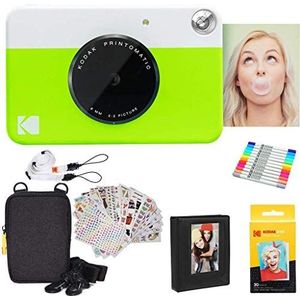 KODAK Printomatic Instant Camera (groen) geschenkverpakking + zinkpapier (20 vellen) + luxe etui + 7 setstickers + dubbele puntige marker + fotoalbum + hangerframe + schouderband