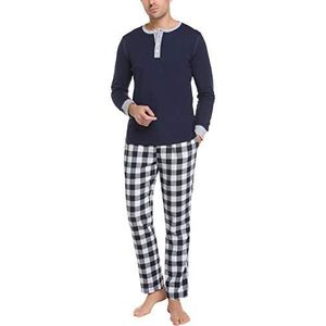 Doaraha Pyjama voor heren, met lange mouwen, katoen, geruit, loungewear, nachtkleding met geruite broek voor de winter, A-marineblauw, XL