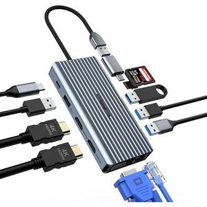Tymyp 12-in-1 USB C-hub, docking station, 2 x HDMI, VGA, Ethernet, 100 W PD, 3 x USB 3.0, USB 2.0, SD/TF kaartlezer, audio/microfoon, ondersteunt Windows 10,8,7, XP/Mac OS/Linux
