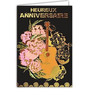 Afie 69-7038 verjaardagskaart dames bloemen gitaar met verguld, formaat 12 x 17,5 cm, envelop wit