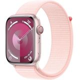 Apple Watch Series 9 (GPS + Cellular 45 mm) Smartwatch - Kast van roze aluminium - Lichtroze geweven sportbandje. Conditie bijhouden, Saturatie-app en Ecg-app, Always-on Retina-display, CO₂- neutraal