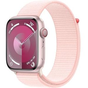 Apple Watch Series 9 (GPS + Cellular 45 mm) Smartwatch - Kast van roze aluminium - Lichtroze geweven sportbandje. Conditie bijhouden, Saturatie-app en Ecg-app, Always-on Retina-display, CO₂- neutraal
