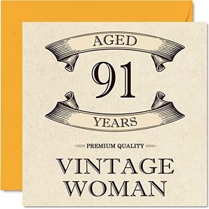 Vintage 91e verjaardagskaarten voor vrouwen - leeftijd 91 jaar - leuke verjaardagskaart voor mama zus vrouw oma oppas oma tante, 145 mm x 145 mm dames wenskaarten, 91e verjaardagskaart