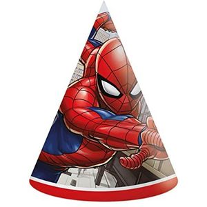Procos - Marvel Spider-Man Crime Fighter Kegel feesthoeden van FSC-papier, 6 stuks, meerkleurig, 93952