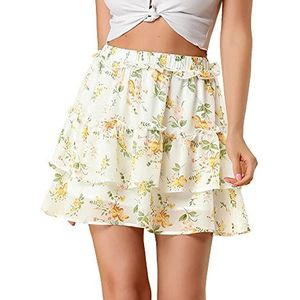 Allegra K Mini-rok voor dames met meerlaagse zoom met ruches, elastische taille, A-lijn, bloemenpatroon, Wit, S