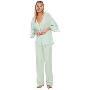 Trendyol Vrouwen Mint Handvatten Frilly Viscose Geweven Pyjama Set, Munt, 64
