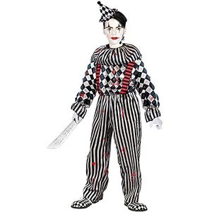 Widmann - Kinderkostuum retro clown, overall met kraag en bretels, hoofdbedekking, bloed besmeurd, ruiten, strepen, psycho, killer, kostuum, verkleding, themafeest, carnaval, Halloween