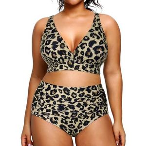 Yonique Dames plussize bikini zwempakken hoge taille zwemkleding buikcontrole tweedelig badpakken, luipaard, 16 Grote maten