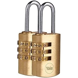 Yale Y150B/22/120/2 - 2 stuks messing hangsloten (22 mm) - stalen beugelslot voor rugzak, spind, gereedschapskist - 3 Dial Lock 1000 combinaties - standaard veiligheid - multipack
