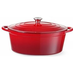 HENDI Braadpan, met deksel, voor alle warmtebronnen (incl. inductie), stoven-bakken-koken, ovenbestendig, 6,88L, 405x255x(H)134mm, geëmailleerd gietijzer, rood