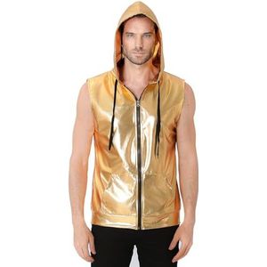 COSAVOROCK Heren Mouwloze Hoodie Zip Up Vest Disco Jaren '70 Goud Metallic Fancy Dress Kostuum Outfit Shirt XXL