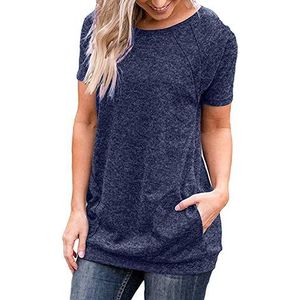 Sykooria Dames T-shirt ronde hals korte mouwen casual tops longshirt zomer T-shirt, marineblauw, L