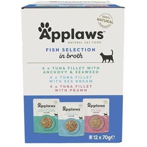 Applaws 100% Natuurlijk Premium Nat Kattenvoer, Multipack Vis Verscheidenheid in Bouillon voor Volwassen Katten - Verpakking van 12 x 70g Sachets