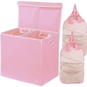 Simple Houseware Dubbele wasmand met deksel en afneembare waszakken, roze