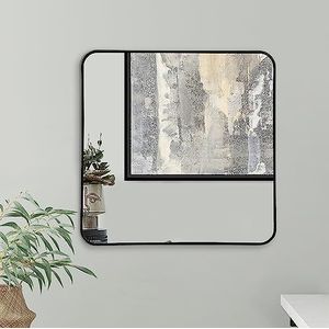 Americanflat Spiegel van 60 cm, vierkant, zwart, met afgeronde hoeken, aluminium frame, wandspiegel voor slaapkamer, badkamer en woonkamer, grote spiegel voor aan de muur met ophangmateriaal