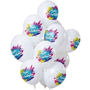 Folat 69600 ballonnen Color Splash 'Happy Birthday' 30 cm - 12 stuks latex heliumballonnen, verjaardagsdecoratie, wit, 30 cm