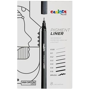 CARIOCA Plus Pigment Liner zon- en watervast, sterk gepigmenteerde inkt en punten voor nauwkeurige en heldere lijnen, 8 stuks met verschillende soorten punten