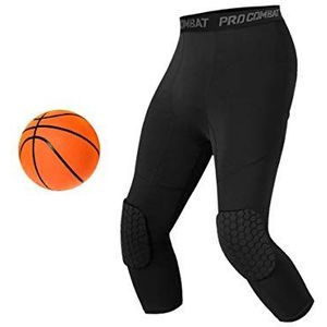 Unlimit Basketbalbroek met kniebeschermers, zwarte kniebeschermers, compressiebroek, 3/4 capri-legging, Zwart, M