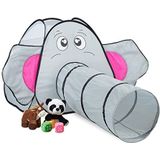 Relaxdays Pop Up speeltent olifant, met speeltunnel, kindertent voor binnen en buiten, kruiptent, HBT 92x155x200 cm, grijs