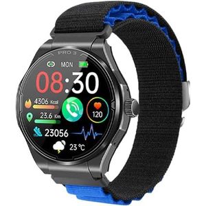 Knauermann PRO 3 (2024) zwart - gezondheidshorloge smartwatch met telefoonfunctie - ECG + HRV en SOS-functie - AMOLED-display, BT Bluetooth - slaapapneu - textielband zwart/blauw, 14-24, rond, zwart,
