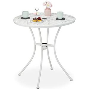 Relaxdays tuintafel rond - met parasolgat en stop - 72 x 70 cm - gaas - staal - balkon - wit