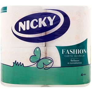 Nicky Fashion Toiletpapier, 4 rollen toiletpapier, 165 pluizige 4-laagse vellen, 3 verschillende texturen en kleuren, delicate talkgeur, papier 100% FSC-gecertificeerd
