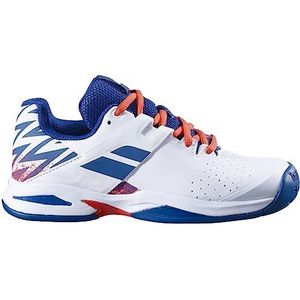 Babolat Propulse All-Court-tennisschoenen voor jongens voor kinderen, ondersteuning, demping en duurzaamheid, brede wikkelriem, ademende Ortholite-zool, Frans merk, wit/Estate Blue, maat EU 35, White