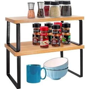 Avilia Set van 2 planken voor de keuken, elegant design van bamboe en zwart metaal, rek voor specerijen en glazen, grote ruimtebesparende opbergruimte 40 x 19,5 x 15,5 cm