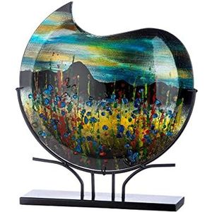 GILDE GLAS art Decoratieve ronde vaas XL op zwarte metalen voet - handbeschilderd met glaselementen - kunstobject meerkleurig hoogte 47,5 cm