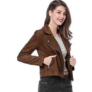 Allegra K Women's Short Soft Zip Up Faux Suede Biker Moto Jacket Small Dark Brown
