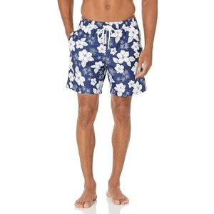Amazon Essentials Men's Sneldrogende zwembroek met binnenbeenlengte van 18 cm, Marineblauw Hibiscusbloem, S