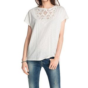 ESPRIT Dames T-shirt met kant aan de hals, effen, wit (Off White 103), XXL