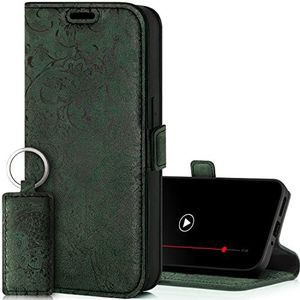 SURAZO Slim magnetische telefoonhoes voor Samsung Galaxy S24 Plus, leren klapbaar, met kaartenvak, RFID-bescherming, bloemenpatroon, flip klaphoes, wallet case cover, leren hoes (groen)