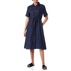Tommy Hilfiger Linnen Midi Ss Fit & Flare jurken voor dames, Blauw (Woestijnhemel), 64