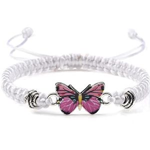 Vlinder Armband voor Vrouwen Bohemian Gevlochten Armband Bangle Paar Vlinder Hand Sieraden Gift, Wit-Roze