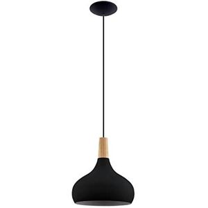 EGLO Hanglamp Sabinar, pendellamp boven eettafel, FSC100HB, lamp hangend voor woonkamer en eetkamer, eettafellamp van zwart metaal en natuurlijk hout, E27 fitting, Ø 28 cm