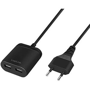 LogiLink PA0255 - USB-stroomadapter met vaste 1,5 m kabel, 2 x USB-A, 12 W (5 V/2,4 A), zwart