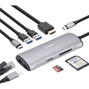 AEARJOHN USB-C hub 8-in-1, HDMI-adapter 4K @30Hz met USB-C 100W PD, 3 x USB 3.1, 1 GBP/s Ethernet en SD/TF-kaartsleuven, compatibel met MacBook en laptops type C
