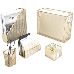 Blu Monaco 5-delige schattige kantoorbenodigdheden gouden bureauorganizer set - met bureaubladorganizer, tijdschriftenhouder, pennenbeker, plakbriefhouder, briefsorteerder - gouden bureauaccessoires