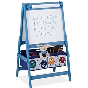 Relaxdays krijtbord kinderen, 2 in 1, schoolbord met papierrol & manden, HxBxD 94 x 52 x 46,5 cm, met whiteboard, blauw
