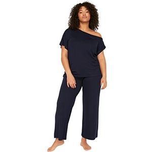 Trendyol Effen geweven T-shirtbroek voor dames plus size pyjama set, Donkerblauw, XL grote maten