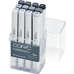 COPIC Classic Marker Set van 12 ""CG"", professionele lay-out markers op alcoholbasis, lay-out pennen met een medium brede en een fijne punt.