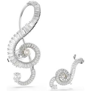 Swarovski Ariana Grande x Swarovski clip oorbellen, Asymmetrisch ontwerp, Crystal Pearl, Baguette-slijpvorm, Wit, Rodium toplaag, Eén maat