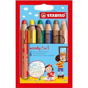 Kleurpotlood, aquarelpotlood en waskrijt in één- STABILO woody 3 in 1 - 6 stuks - met 6 verschillende kleuren