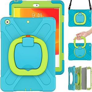 Commute Case voor iPad mini6, zware stabiele schokbestendige kinderhoes met displaybeschermfolie 3-in-1 schokbestendige bumper met 360° ringhouder standaard draagriem (lichtblauw + groen)